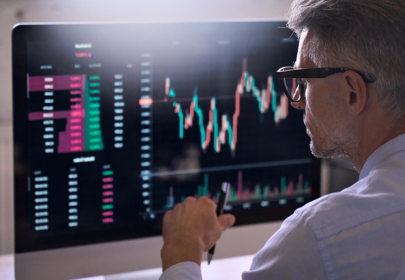 Advisor analyzing investments on a computer